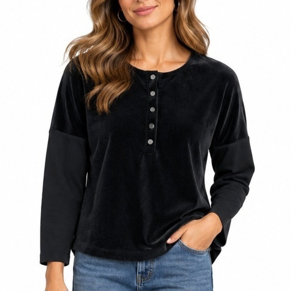 Basix Black Velvet Henley Top Womens XS Perforated Snap Button Long Sleeve